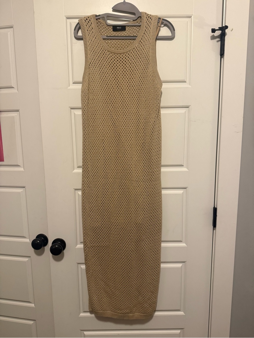 ABLE Crochet Knit Maxi Dress Tan Beige Size L with Slip